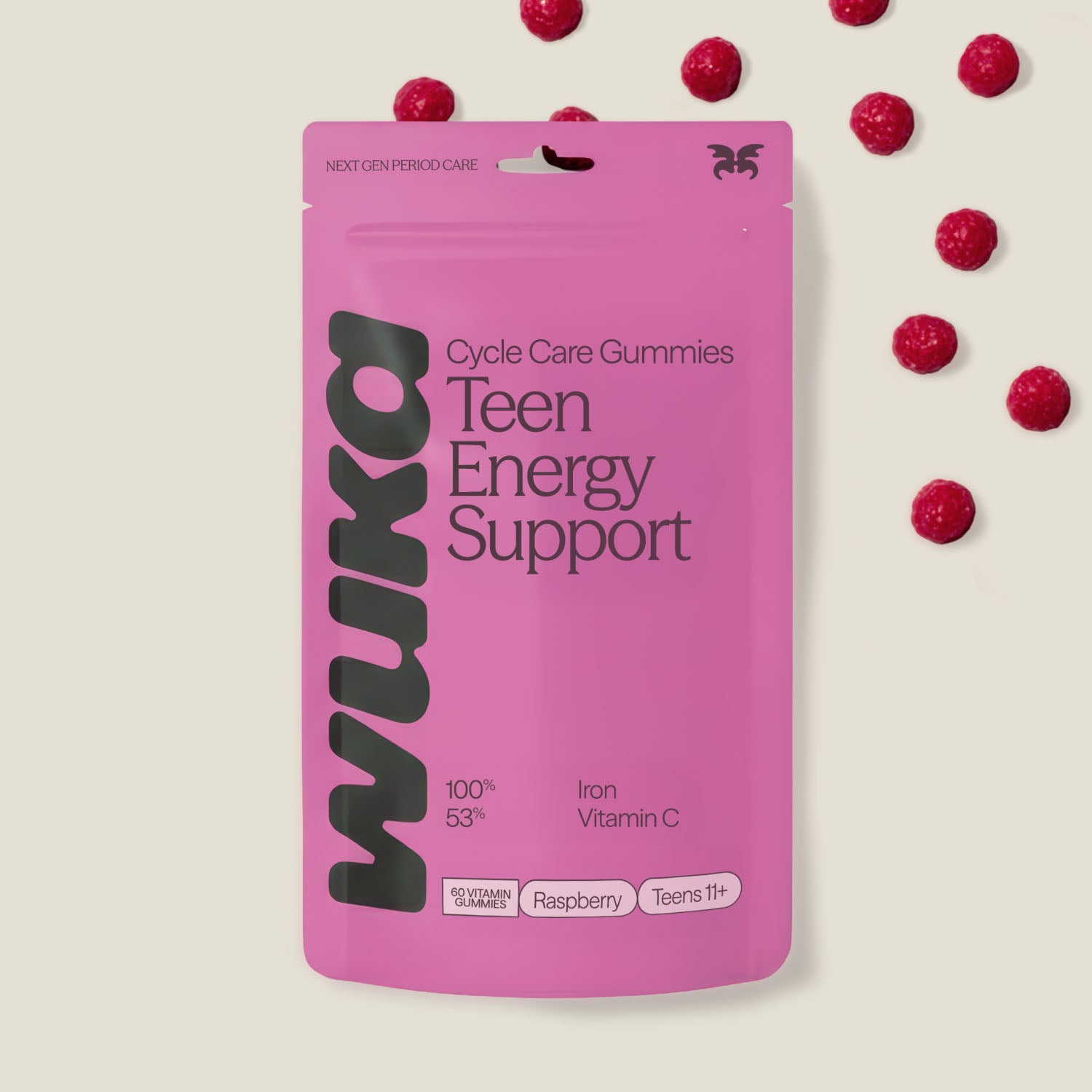 Front view of WUKA Teen Iron Support Gummies pouch in raspberry flavour – 60 vegan gummies for teens, with iron and vitamin C.