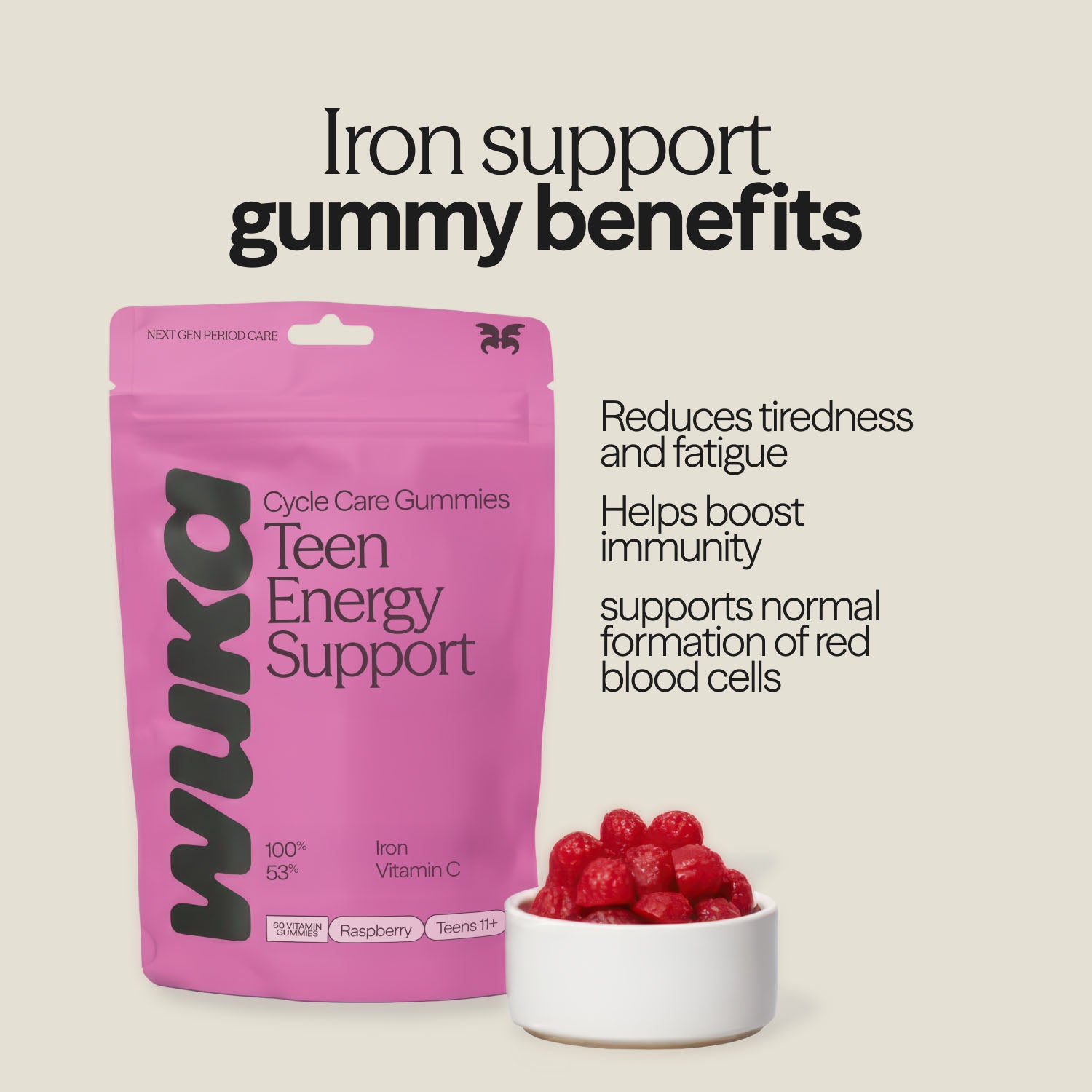Image of WUKA Teen Iron Support Gummies with benefit highlights: reduces tiredness, supports immunity, and red blood cell formation.