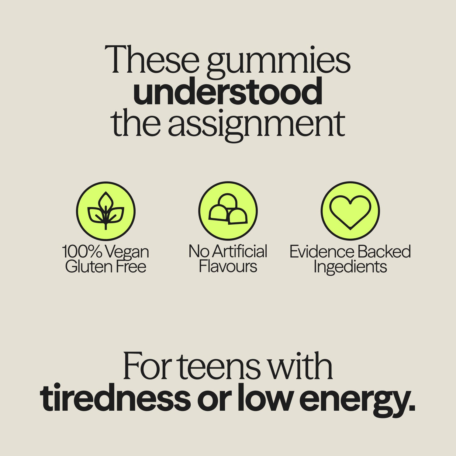 WUKA Teen Iron Gummies graphic showing features: vegan, gluten-free, no artificial flavours, and tailored for teens with low energy.