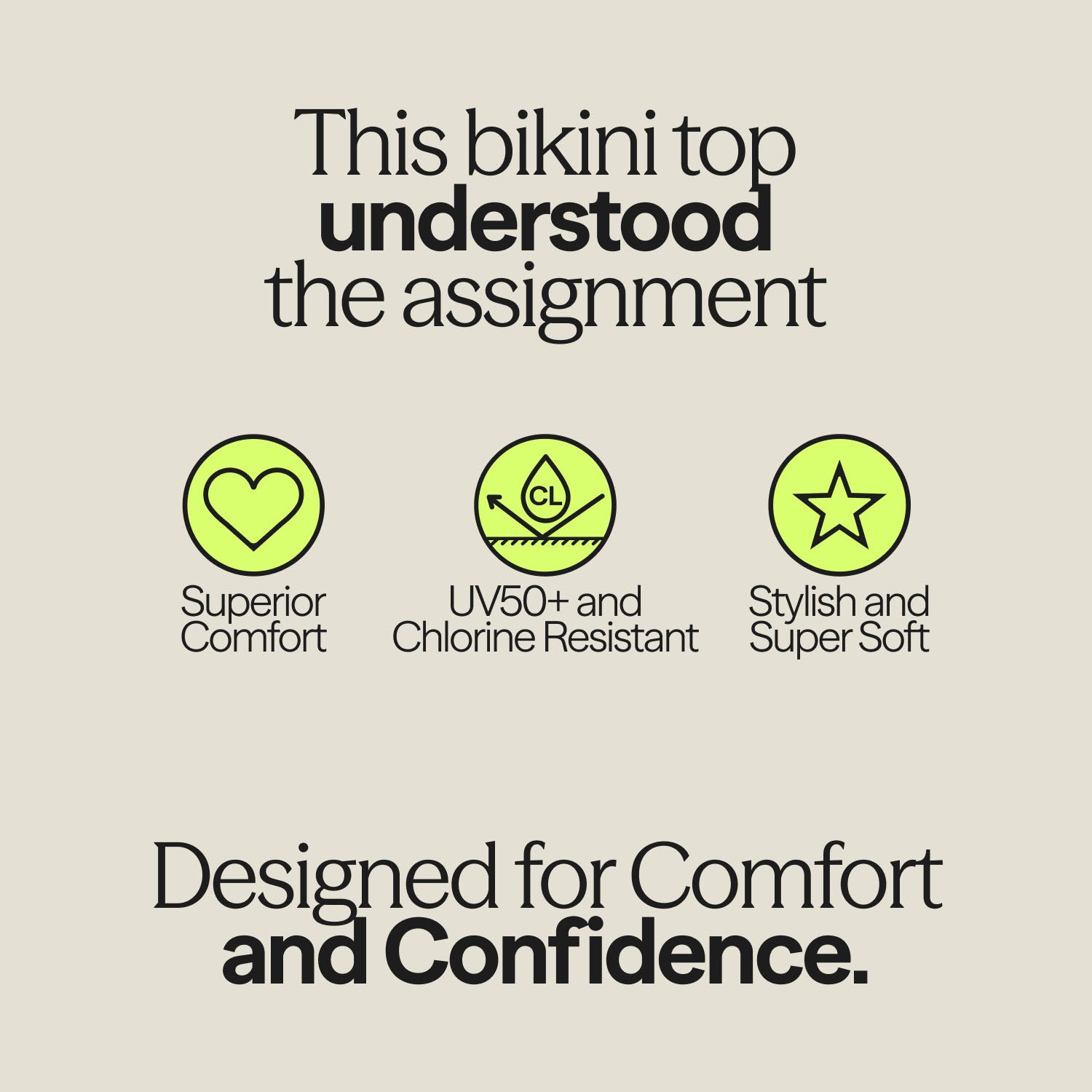 Graphic highlighting Teen Swim Bikini Top benefits – superior comfort, UV50+ sun protection, chlorine resistance, and super soft fabric designed for confidence.