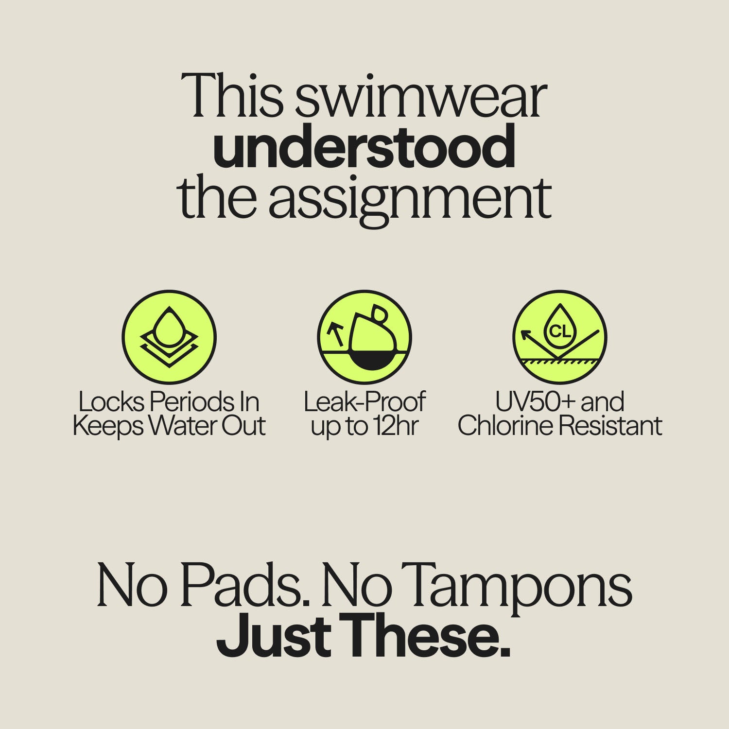 Graphic showing WUKA Period Swimsuit USPs: locks periods in, keeps water out, leak-proof up to 12 hours, UV50+ and chlorine resistant. No pads or tampons needed.