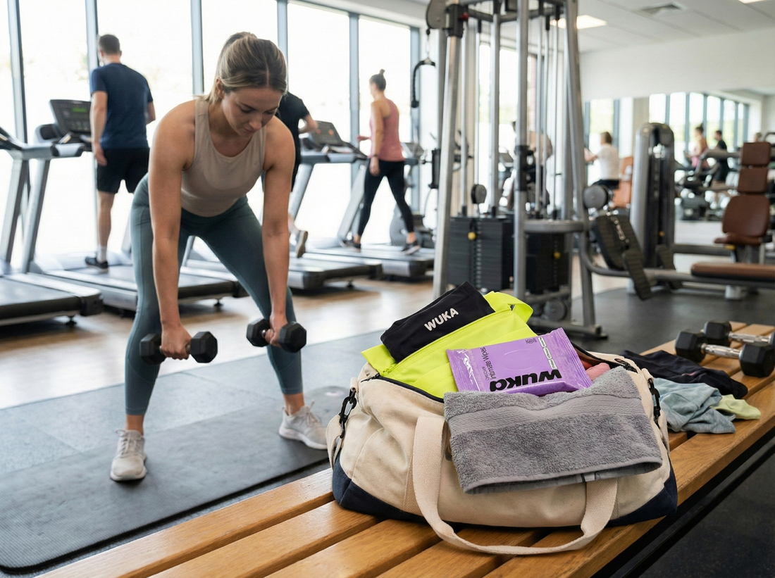 A person lifting weights in a gym with a workout bag in the foreground containing WUKA period pants, packaging, and a towel, showing readiness for movement.