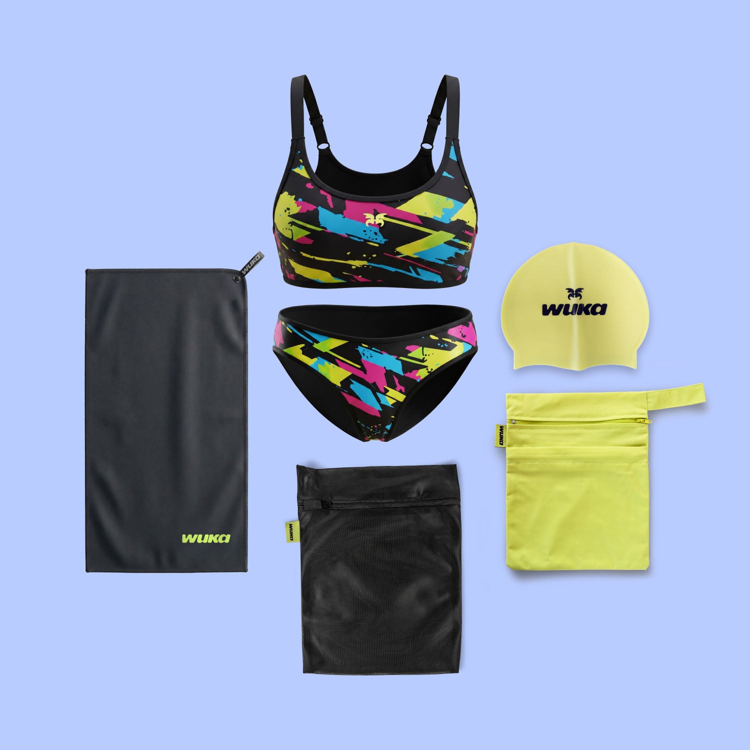 WUKA Lunafly Competition Bikini swim kit — period bikini, swim top, cap, towel and bags
