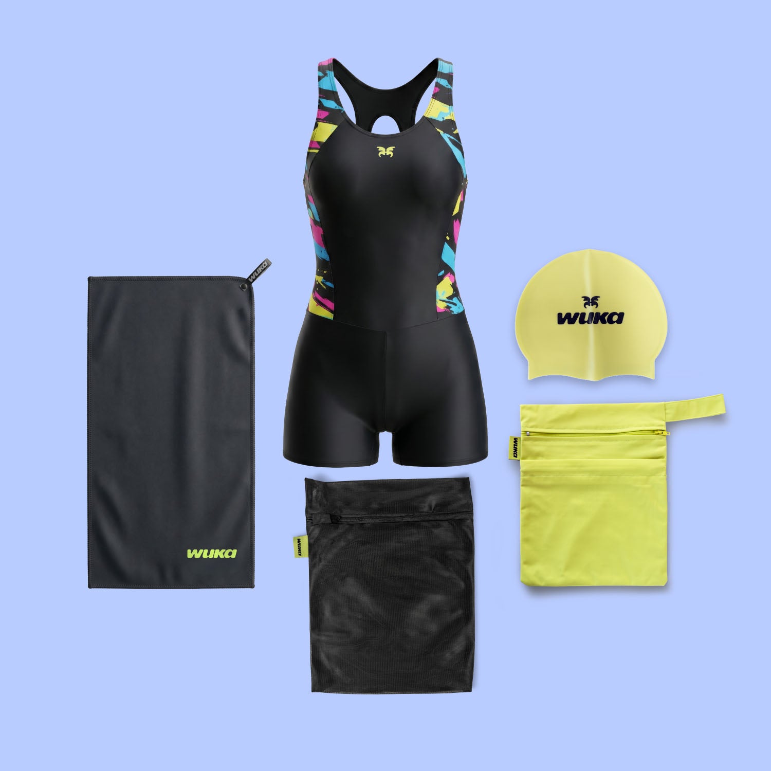 WUKA Lunafly Competition Legsuit swim kit — period legsuit, swim cap, microfibre towel and bags