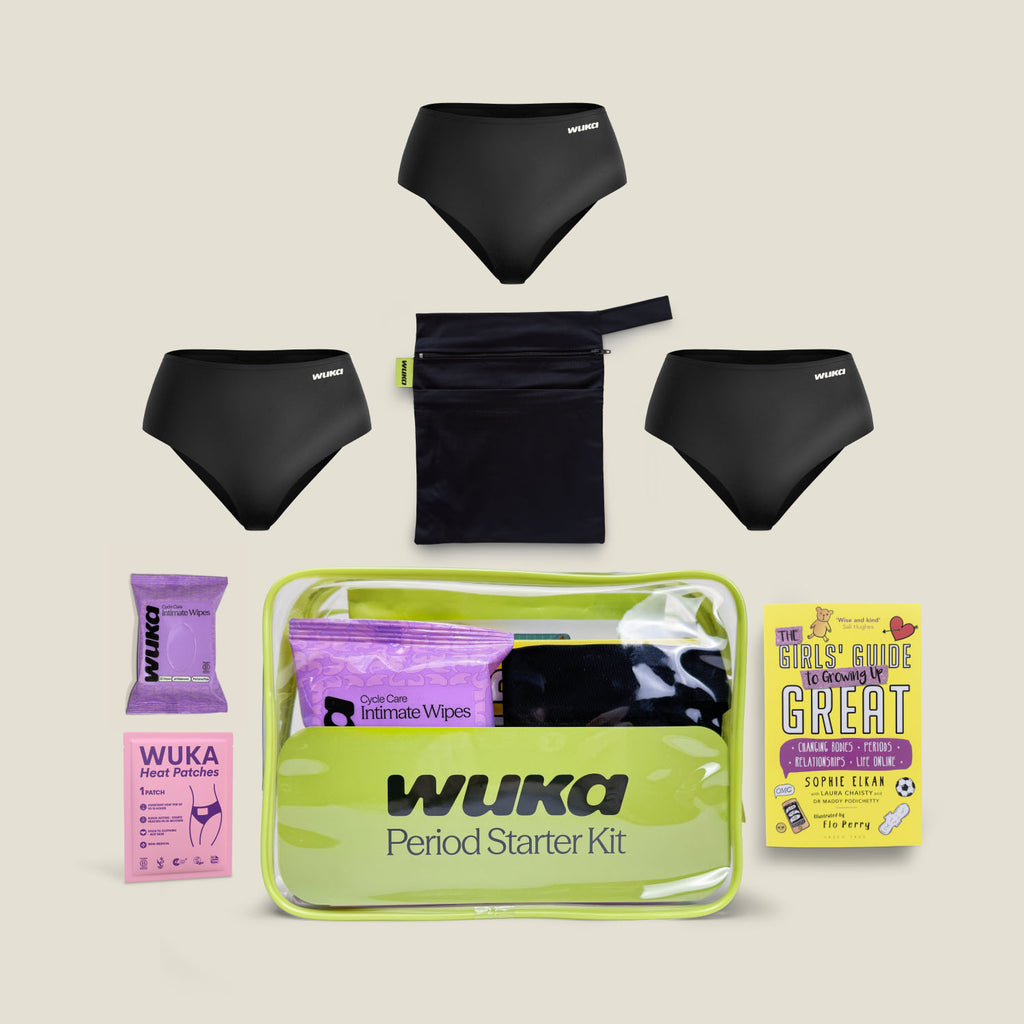 WUKA 3-Pack Period Starter Kit – includes three pairs of black stretch period pants, reusable two-pocket waterproof bag, intimate wipes, soothing heat patch, and “The Girls' Guide to Growing Up Great” book. Eco-friendly essentials for teens starting their period, all in a clear green zip pouch