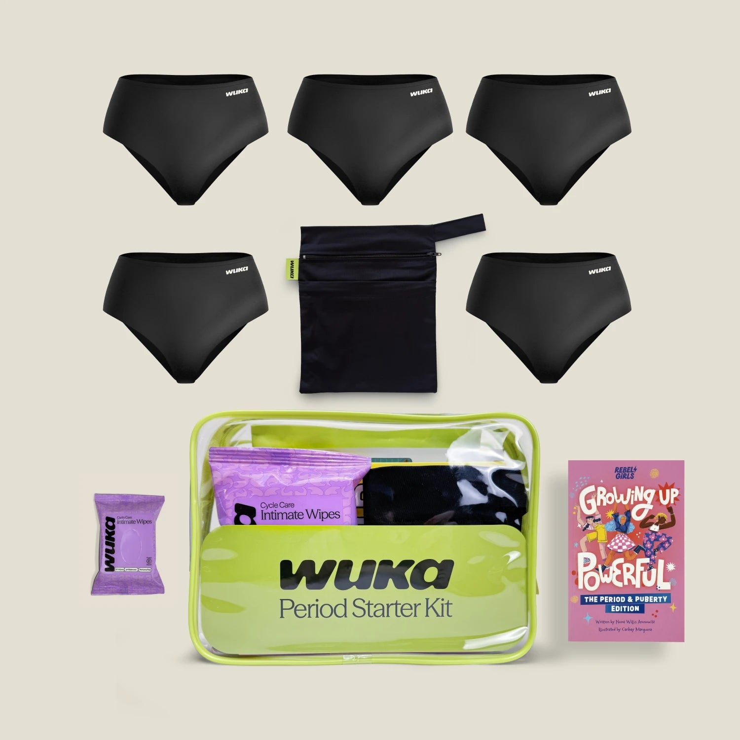 Teen period starter kit with 5 teen stretch super heavy flow period pants, wet bag, wipes, and puberty education book by WUKA