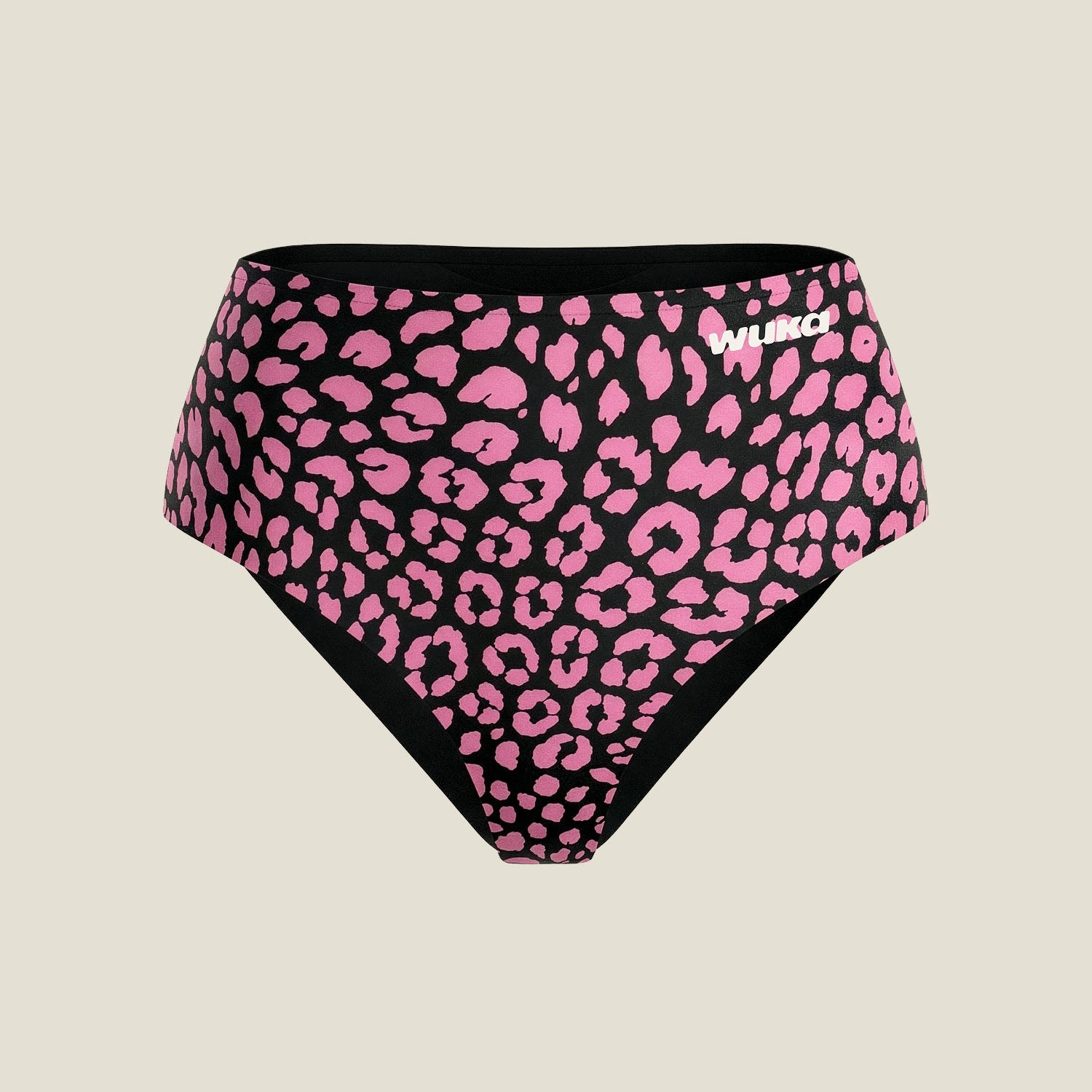 WUKA Stretch™ midi brief in pink leopard print – product-only cutout showing seamless design and leak-proof technology for heavy periods