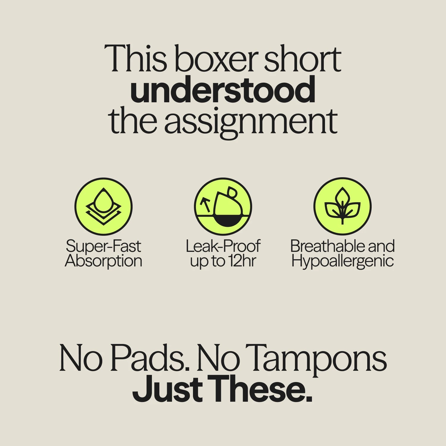 WUKA Ultimate™ Boxer Period Shorts benefits: super-fast absorption, up to 12-hour leak-proof protection, breathable and hypoallergenic—ideal for medium flow days