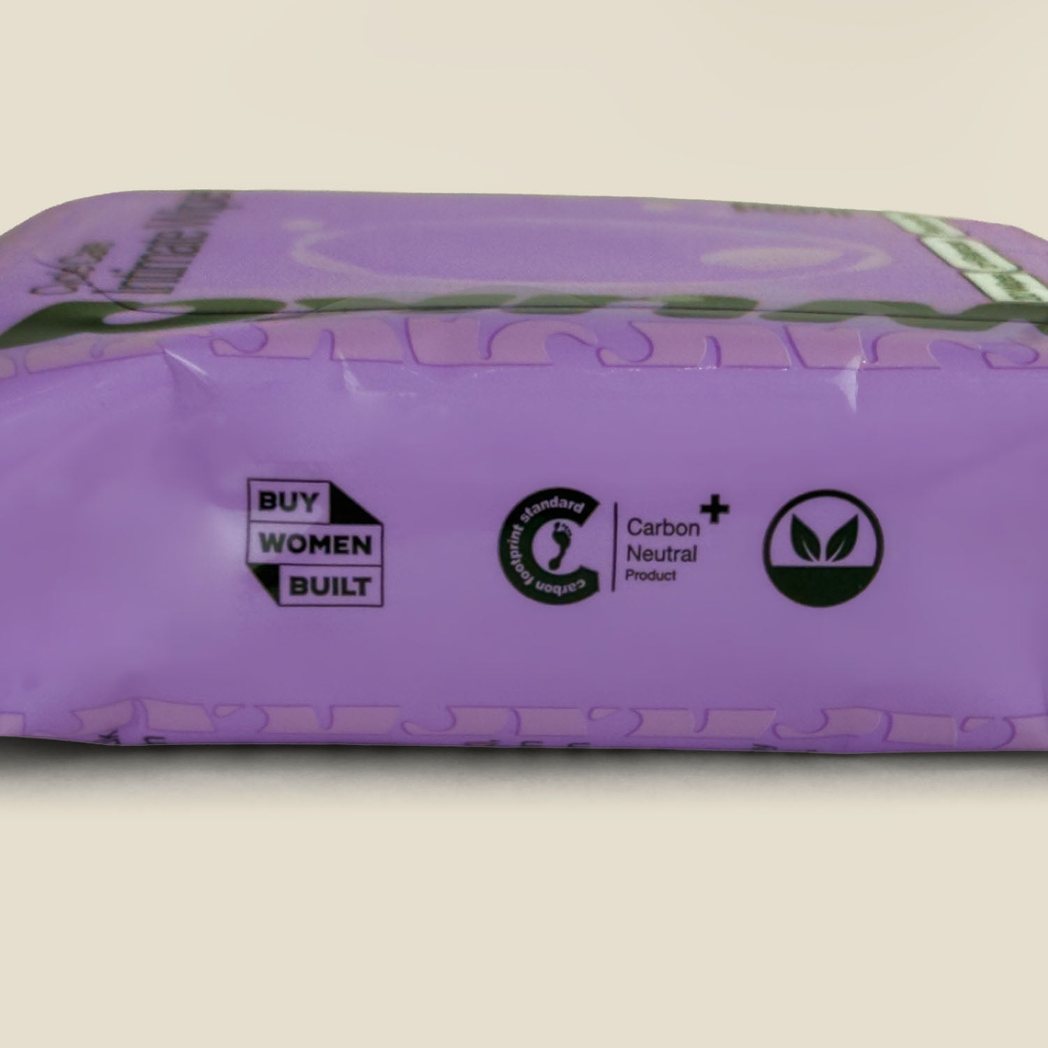 wuka cycle care intimate wipes, purple pack from the side showing carbon neutral+ vegan and buy women built logos.