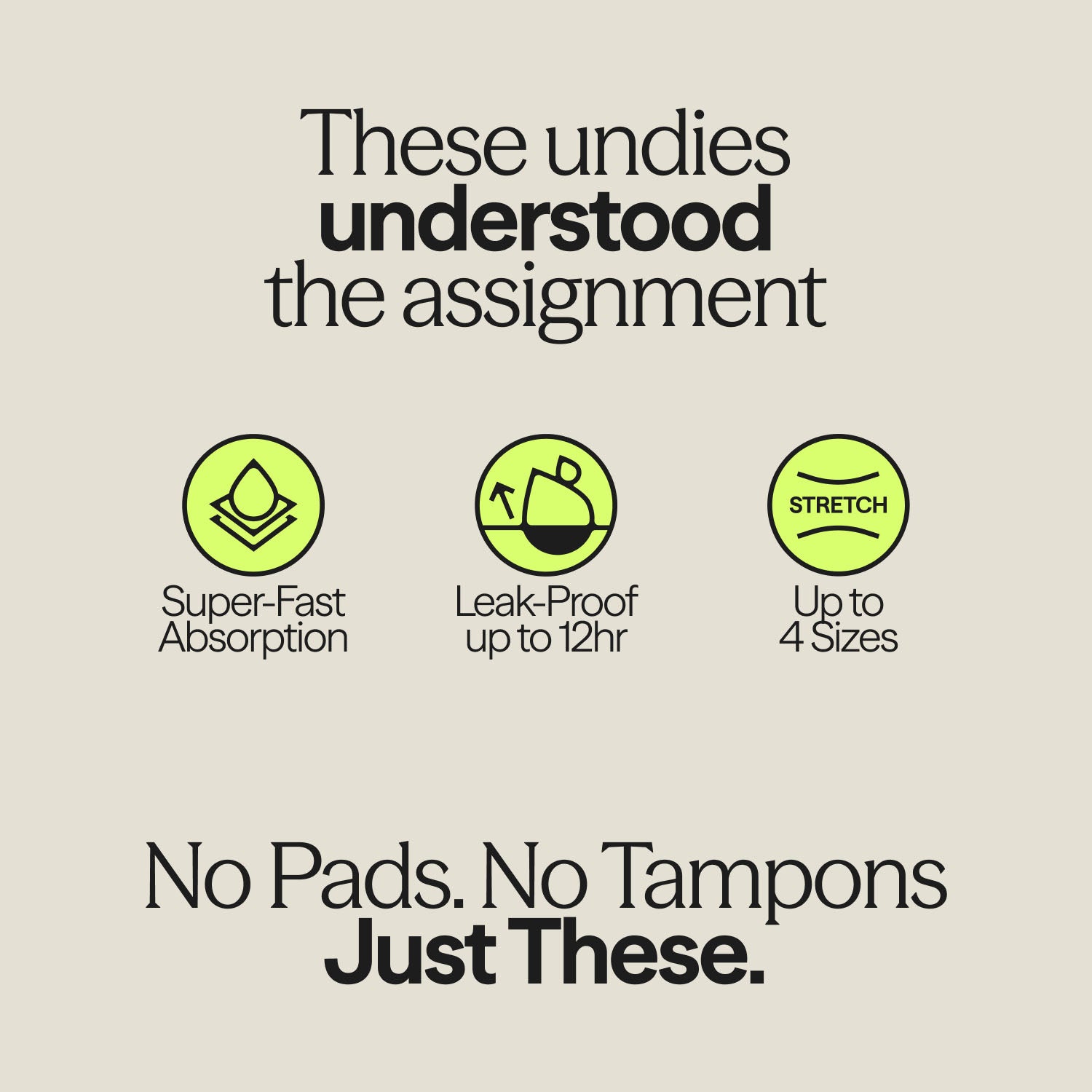 Informational graphic listing features of WUKA Seamless Midi Brief – super-fast absorption, 12-hour leak-proof protection, and stretch fit for four sizes.