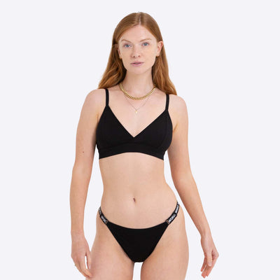 WUKA Flex Logo Bikini Period Pants Style Heavy Flow Black Colour Three Quarter Front Small Model